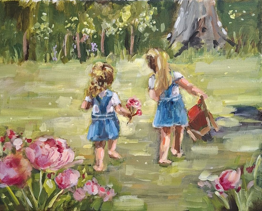 Painting of young girls playing in a garden