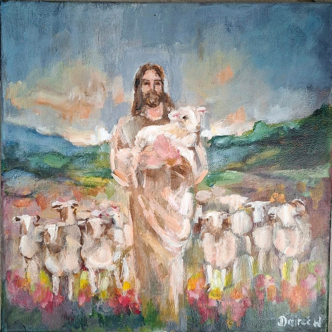 Painting of the good sherperd in the hills, surrounded by his flock