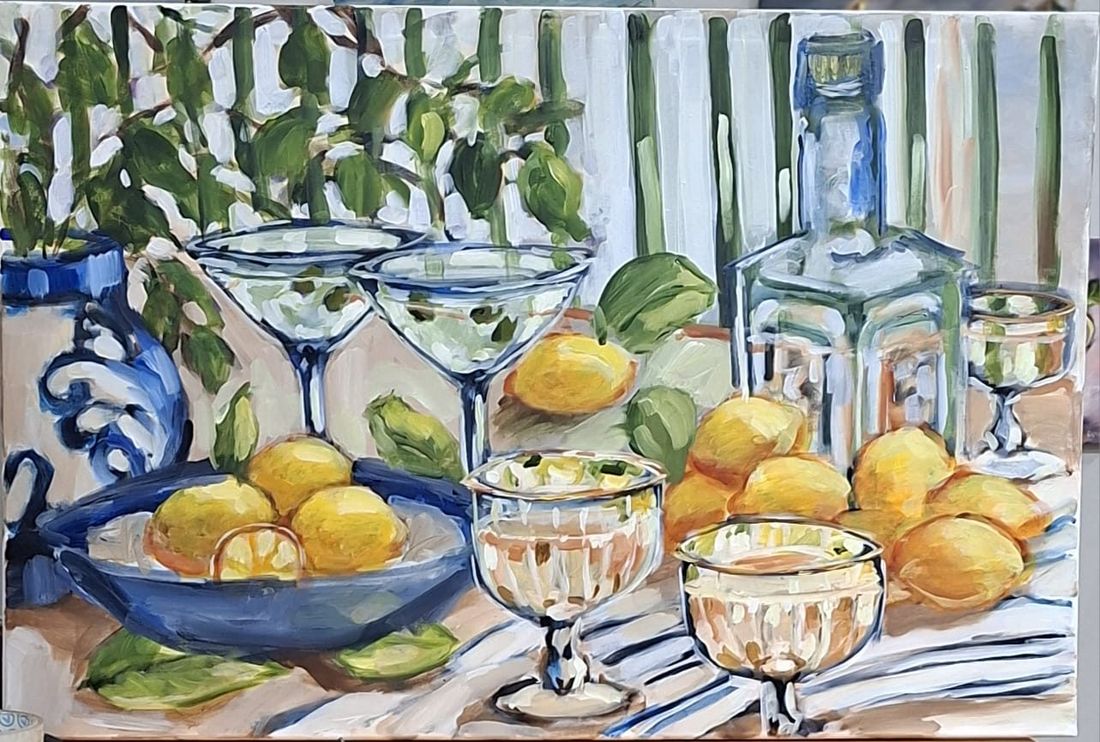 Acrylic still life of lemons, coupe glasses and a decanter on a striped cloth, with a blue-and-white bowl
